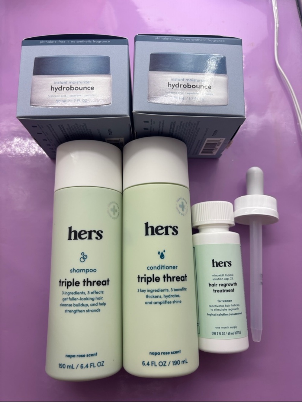 Hers Triple Threat shampoo & conditioner, regrowth treatment & 2 hydrobounce NEW